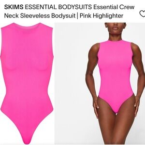NEW SKIMS ESSENTIALS CREWNECK SEAMLESS BODYSUIT in PINK HIGHLIGHTER L/XL
